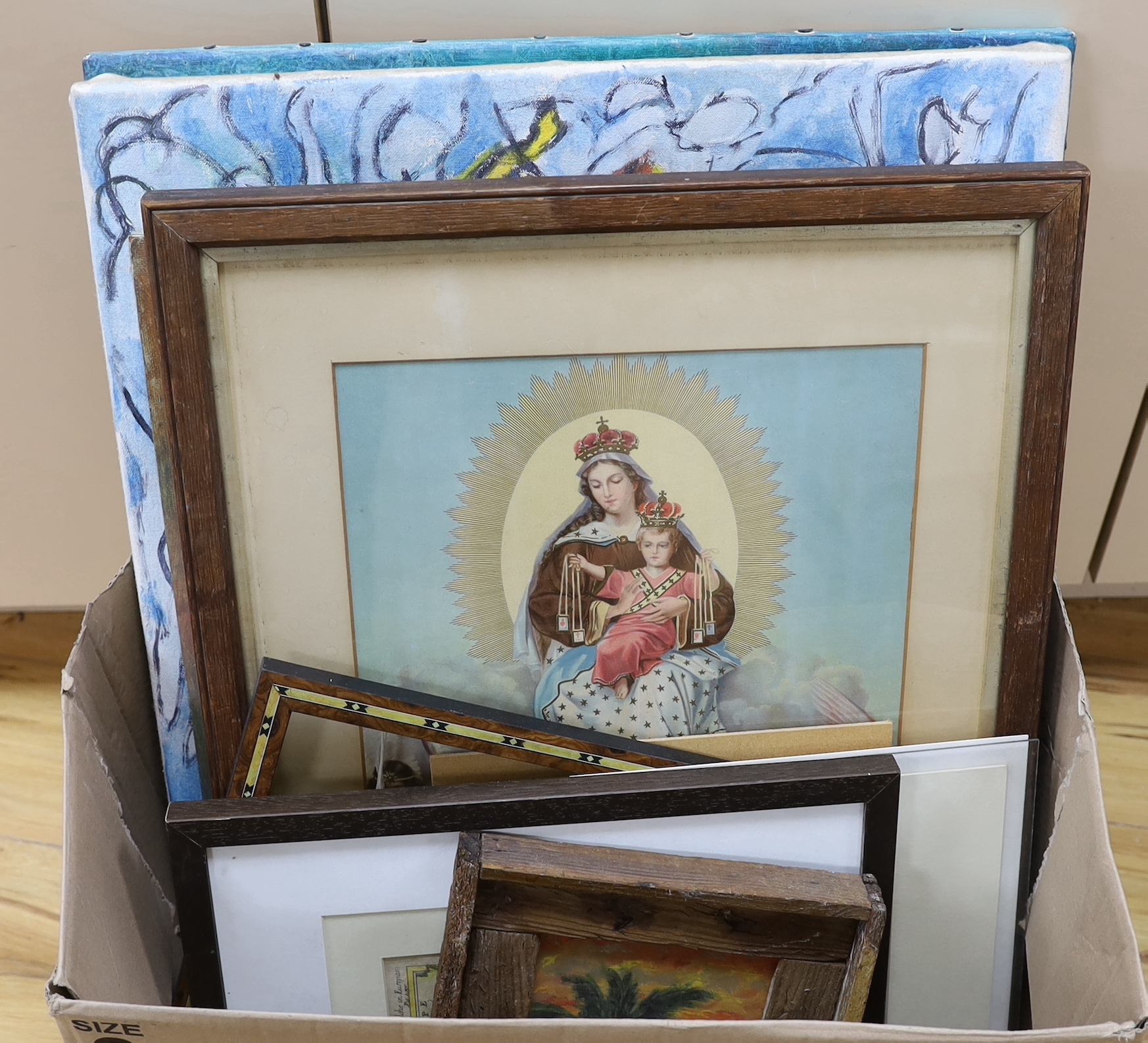 A collection of paintings and prints including oil on canvas, Semi-nude female, signed Ellectra and two hand coloured maps